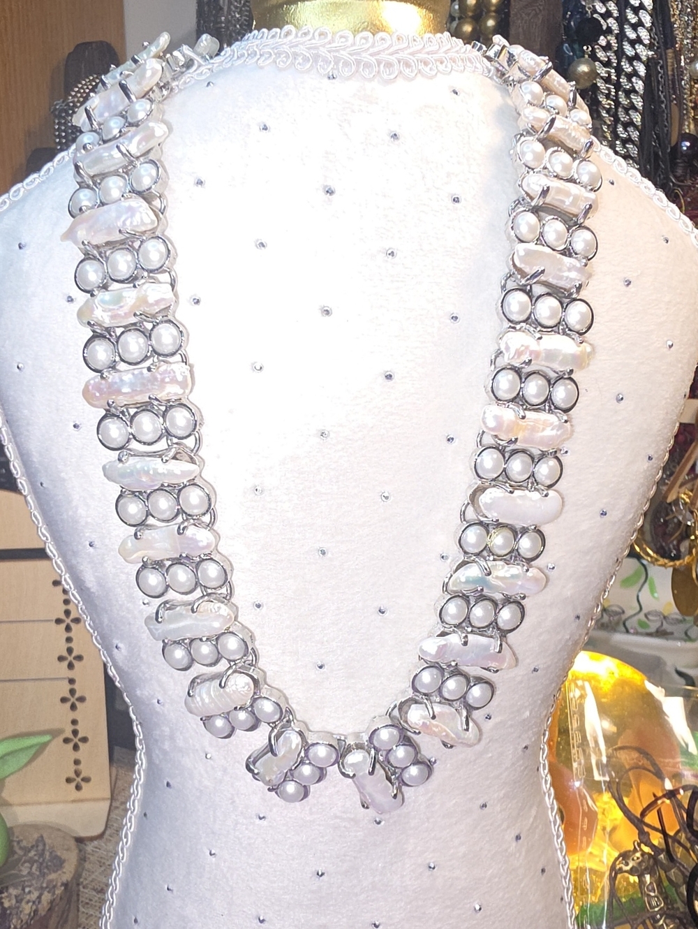 Ann Taylor White Pearl and Silver-Tone Bead Statement Necklace